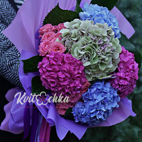 A bouquet of five large colorful hydrangeas